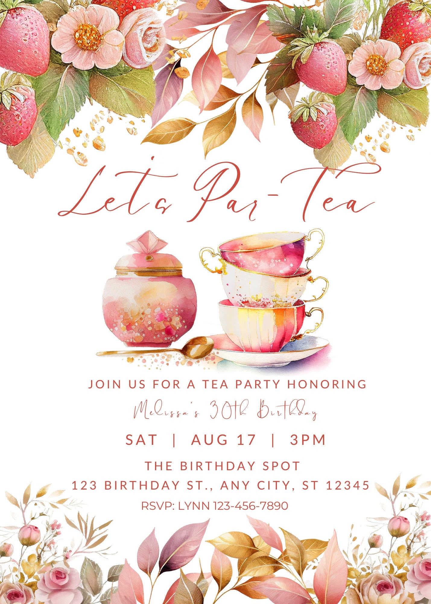 Editable Tea Party Invitation Let s Par tea Birthday Tea Party Invite Pink And Gold Baby Shower Bridal Shower Printable Or Text Invite Etsy