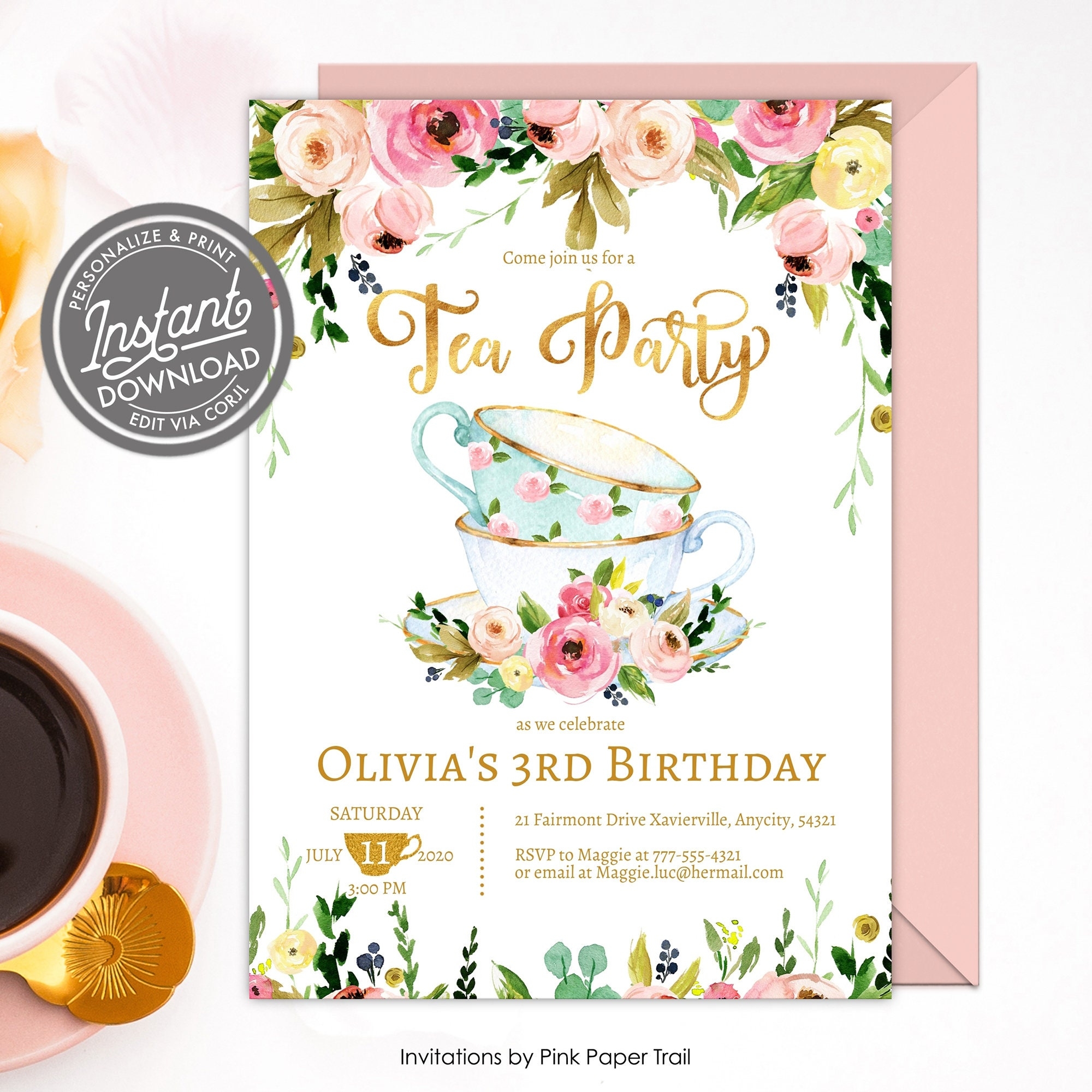 EDITABLE Tea Party Invitation Tea Party Birthday Invite Floral 