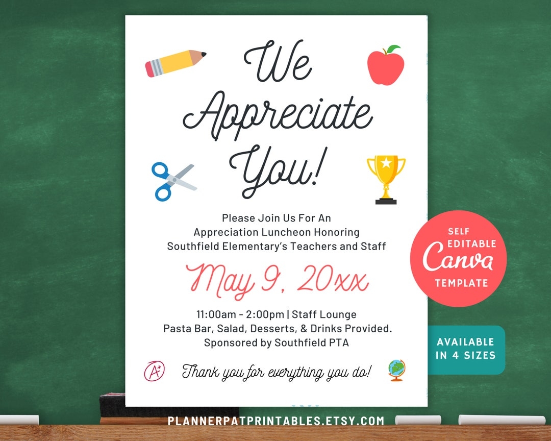 Editable Teacher Luncheon Invitation Canva Template DIY School Appreciation Week Staff Lunch Printable Etsy