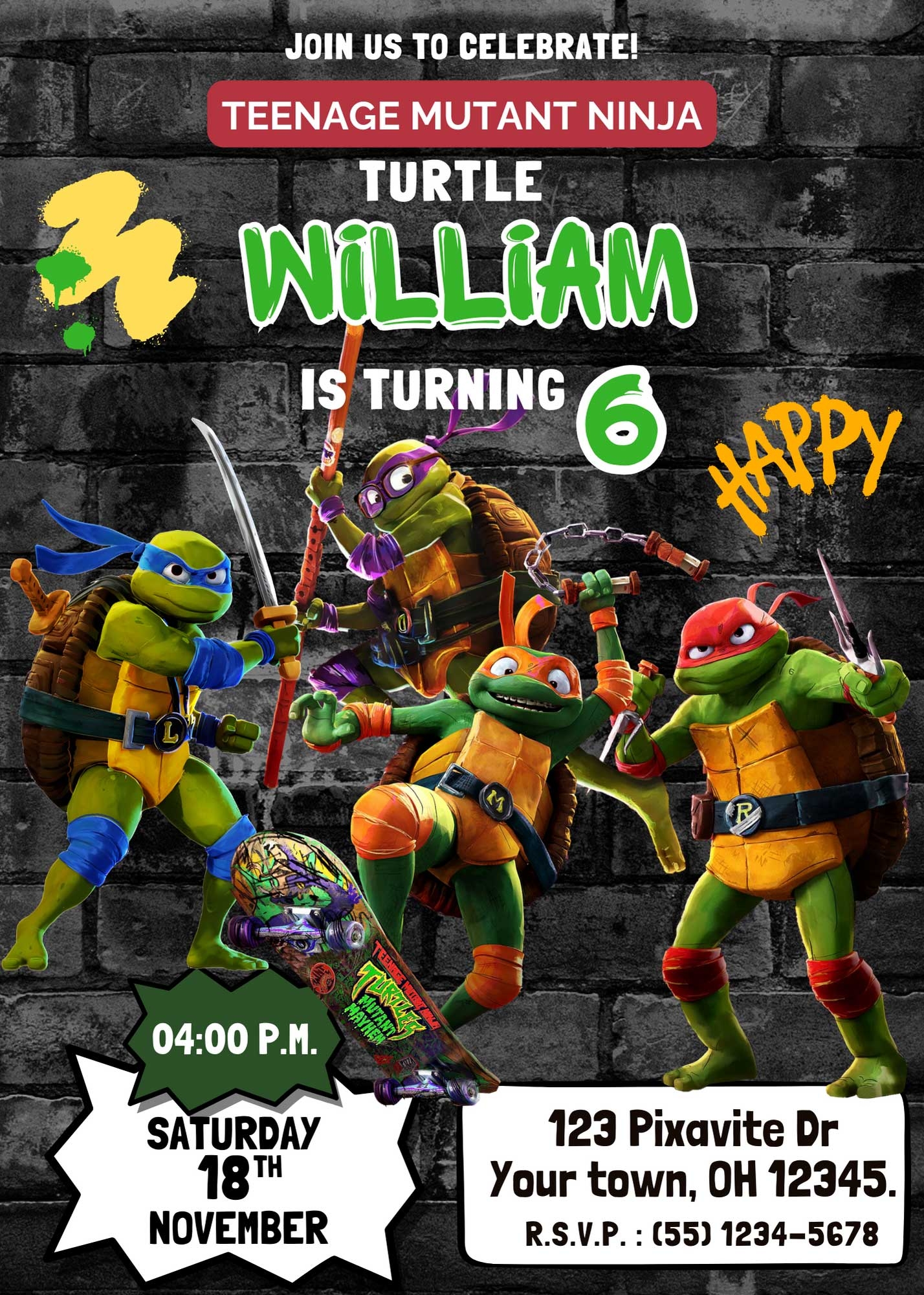 Editable Teenage Mutant Ninja Turtles Mutant Mayhem Birthday Invitation Template Fantastic Invite