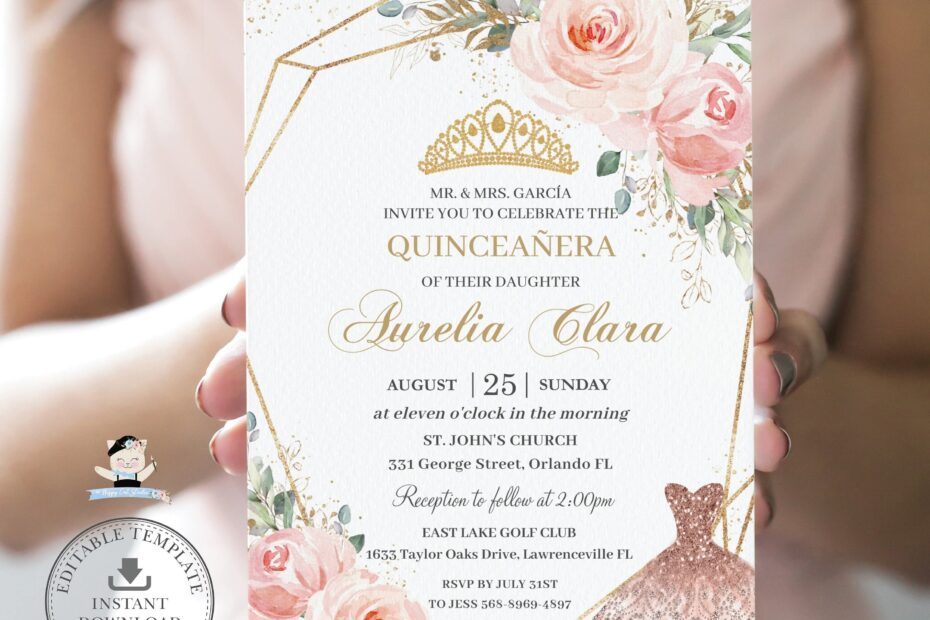 EDITABLE TEMPLATE Quinceanera Mis Quince Anos Chic Blush Pink Floral Rose Flowers Dress 15th Birthday Invitation INSTANT Download QC1 Etsy