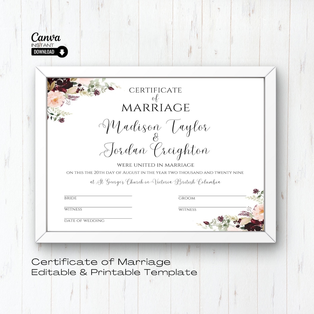 Editable Wedding Certificate Template Marriage Certificate Printable Wedding Keepsake Editable Certificate Certificate Marriage Canva Etsy
