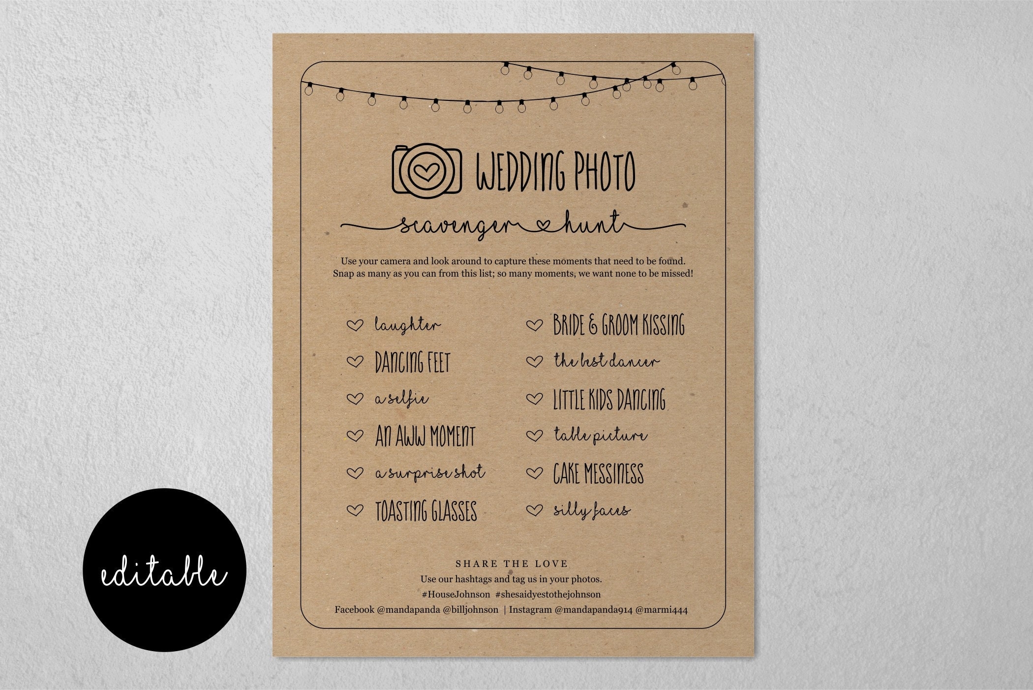 Editable Wedding Photo Scavenger Hunt Template Printable I Spy Reception Table Game Card Activity Instagram Sign Instant Download Digital
