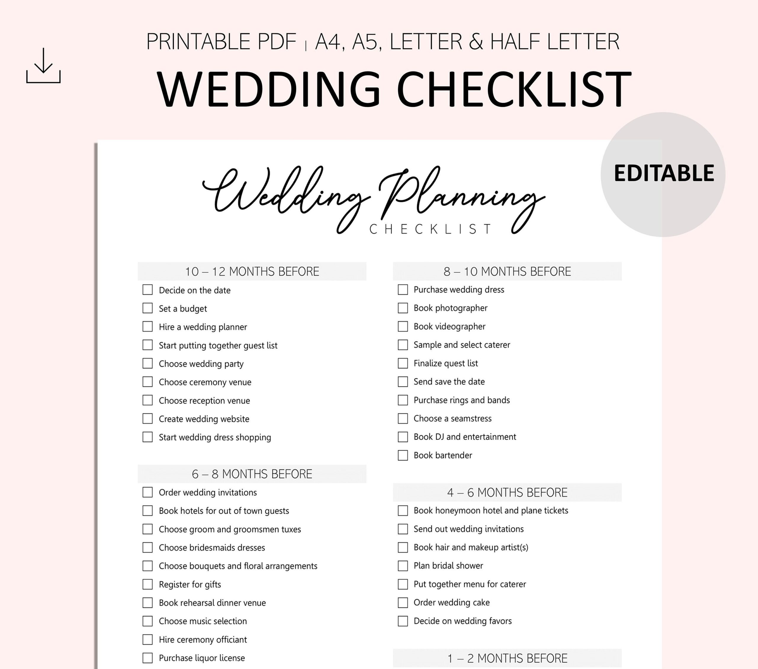 Editable Wedding Planning Checklist Wedding Planning Printable 