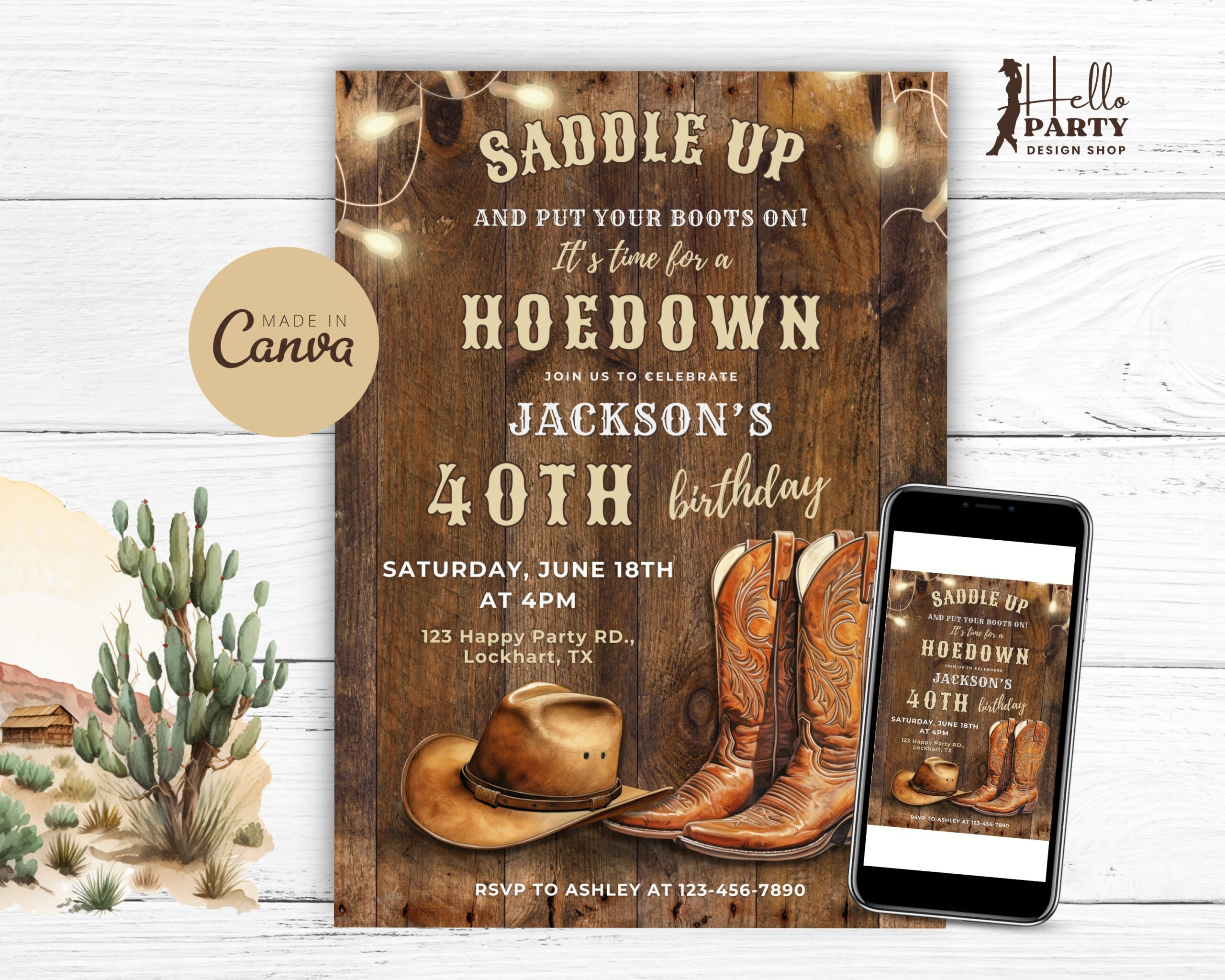 Editable Western Hoedown 40th Birthday Party Invitation Cowboy 