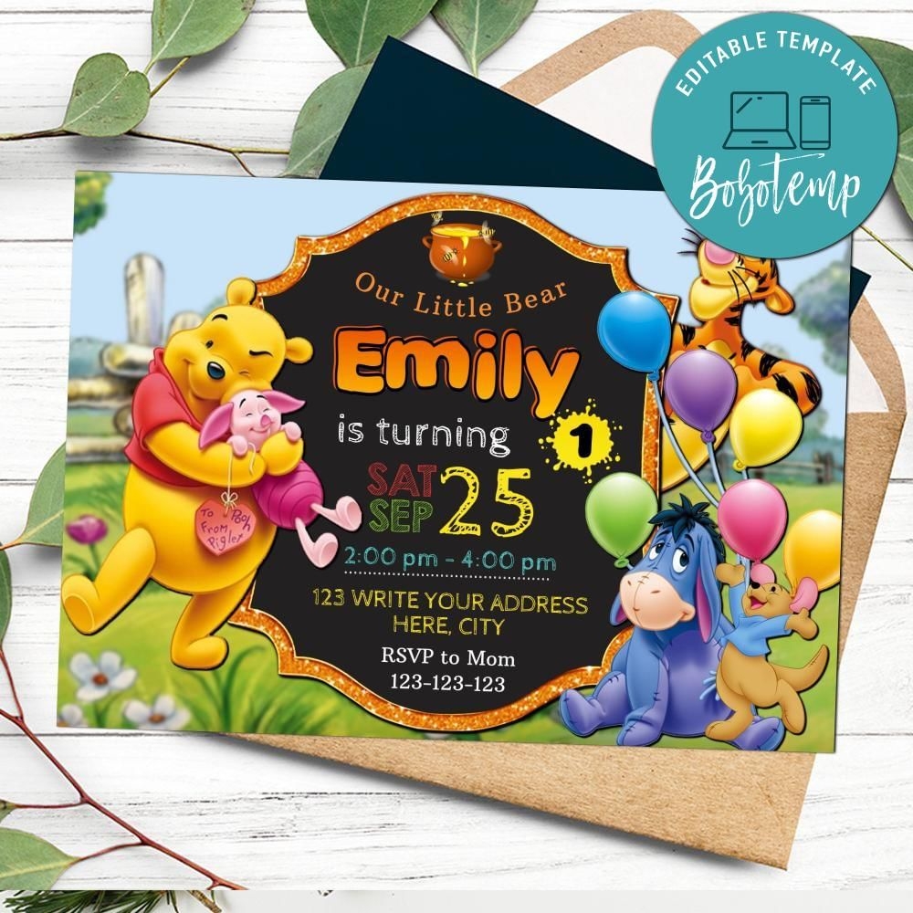 Editable Winnie The Pooh For 1st Birthday Invitation DIY Bobotemp