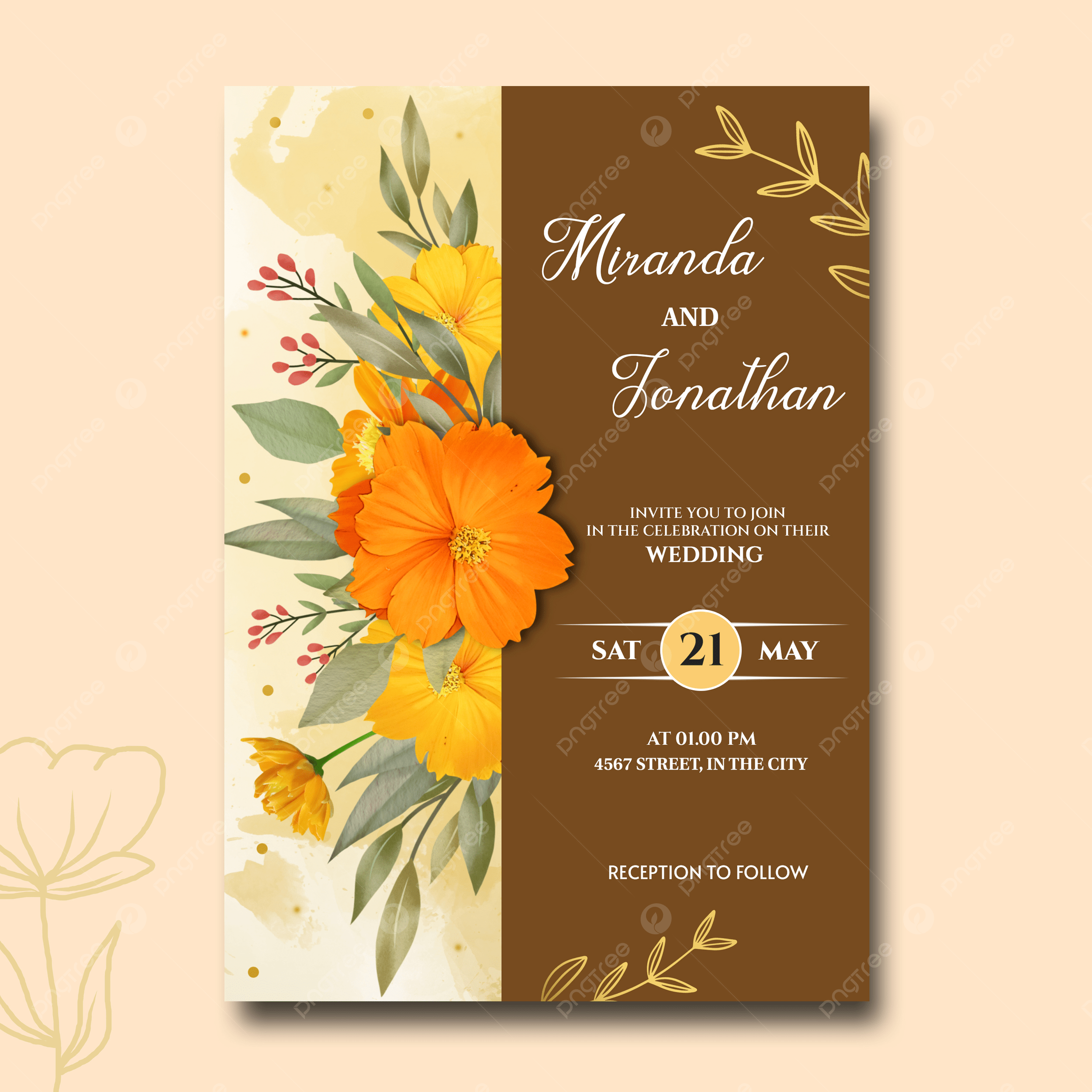 Elegant Brown Wedding Invitation Card Template With Flower Bouquet Template Download On Pngtree