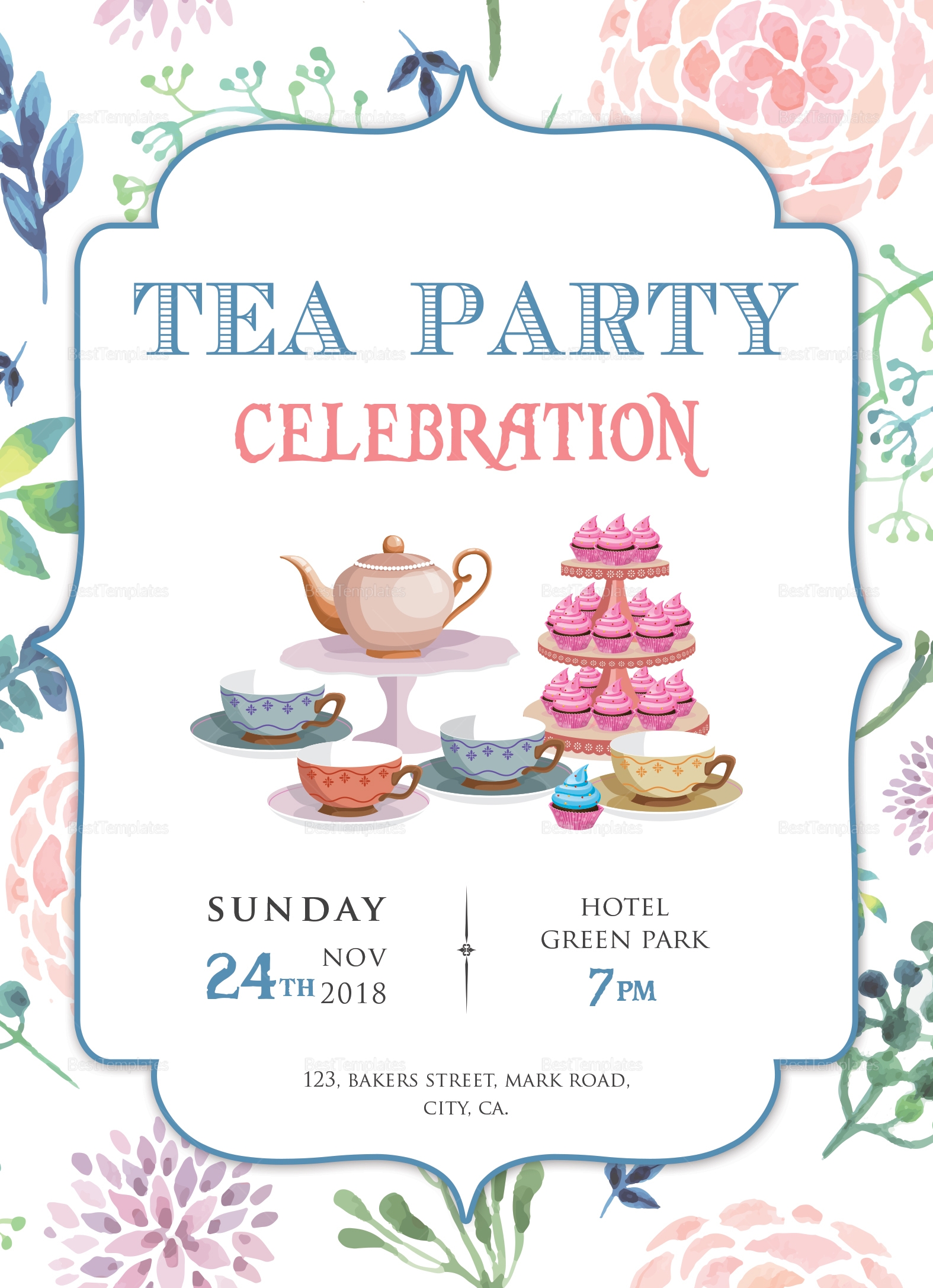 Elegant Tea Party Invitation Design Template In Word PSD Publisher