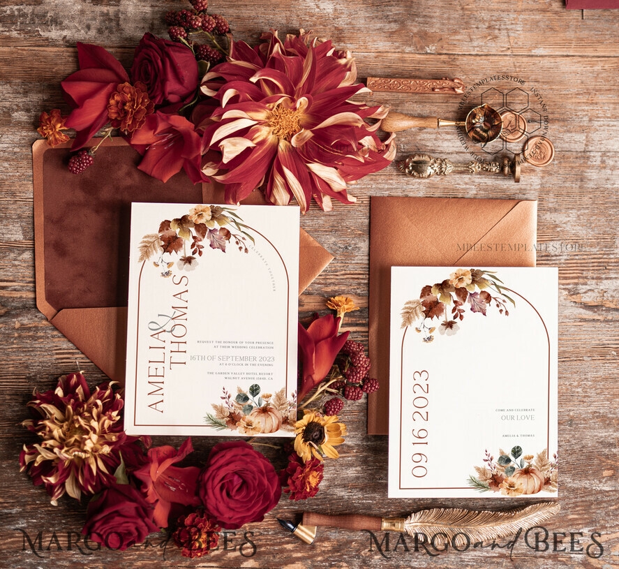 Fall Rustic Wedding Invitations Set Template Instant Download Printable Invites Home Printing Arch Boho Teracotta Invitation Card Set Rust Burnt Oragne Autumn Wedding Invitation Template Set