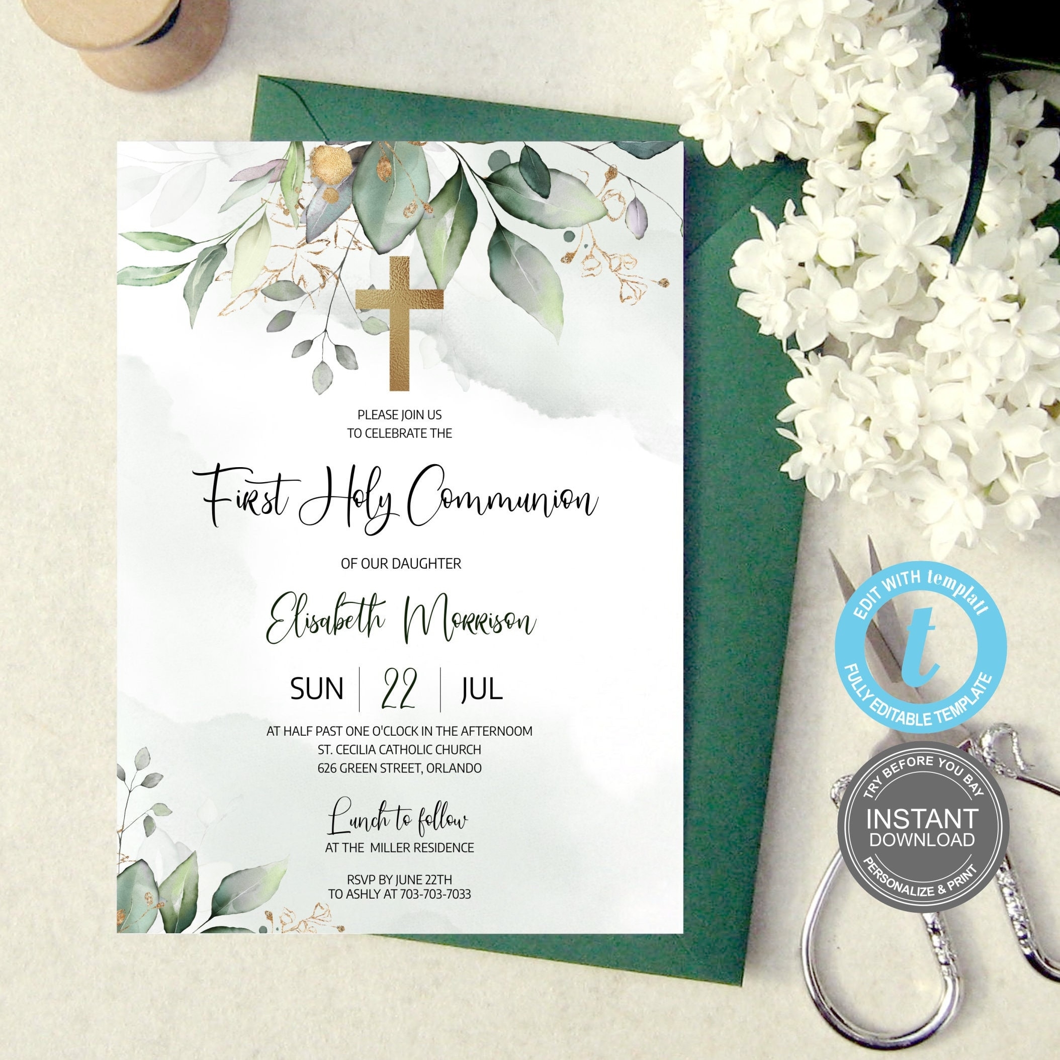First Communion Invitation Template Instant Download Printable 