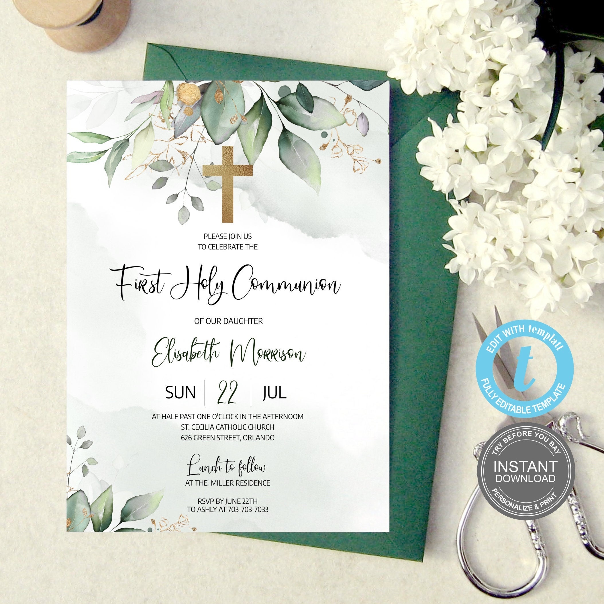 First Communion Invitation Template Instant Download Printable First Holy Communion Invitation Editable Invitation Templett Baptism E334 Etsy