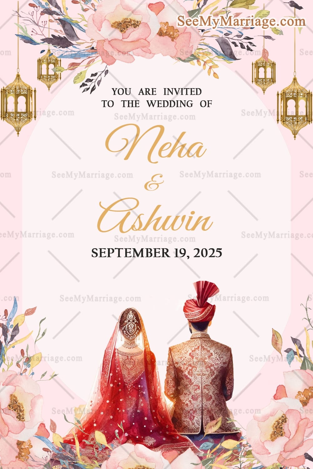 Floral Lantern Wedding Invitation Traditional Bride And Groom Ceremony Card Template SeeMyMarriage