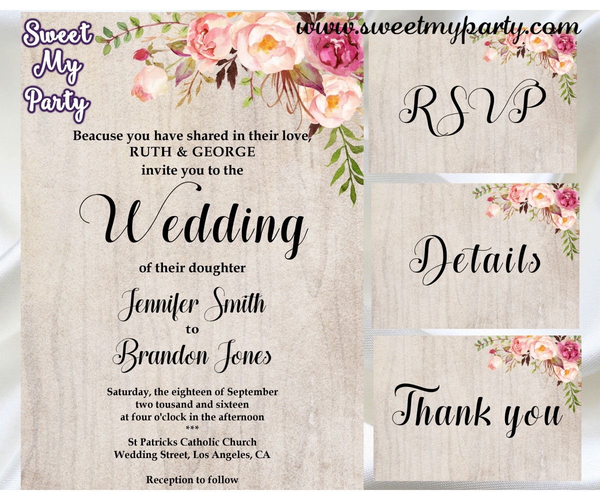 Floral Wedding Invitation Set Boho Wedding Invitation Set 031w 