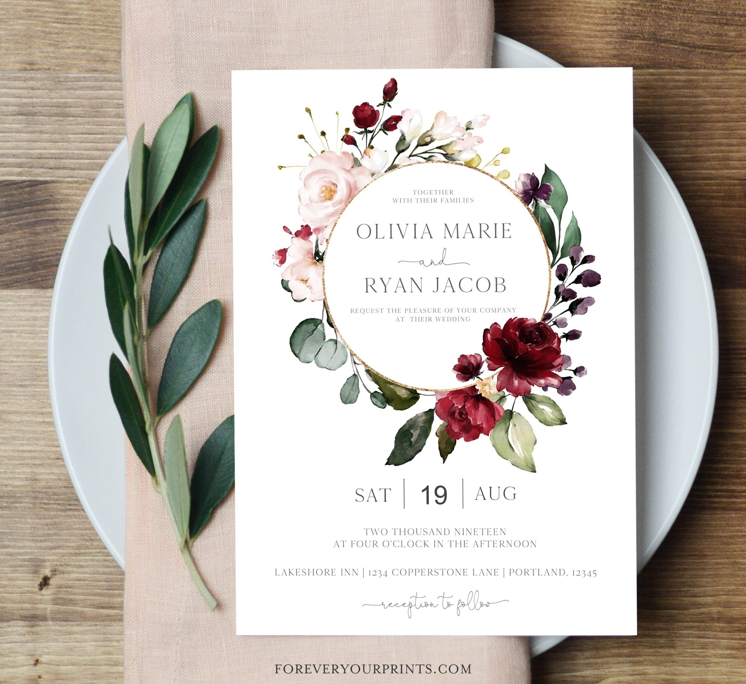 Floral Wedding Invitation Template Burgundy Wedding Invitation 