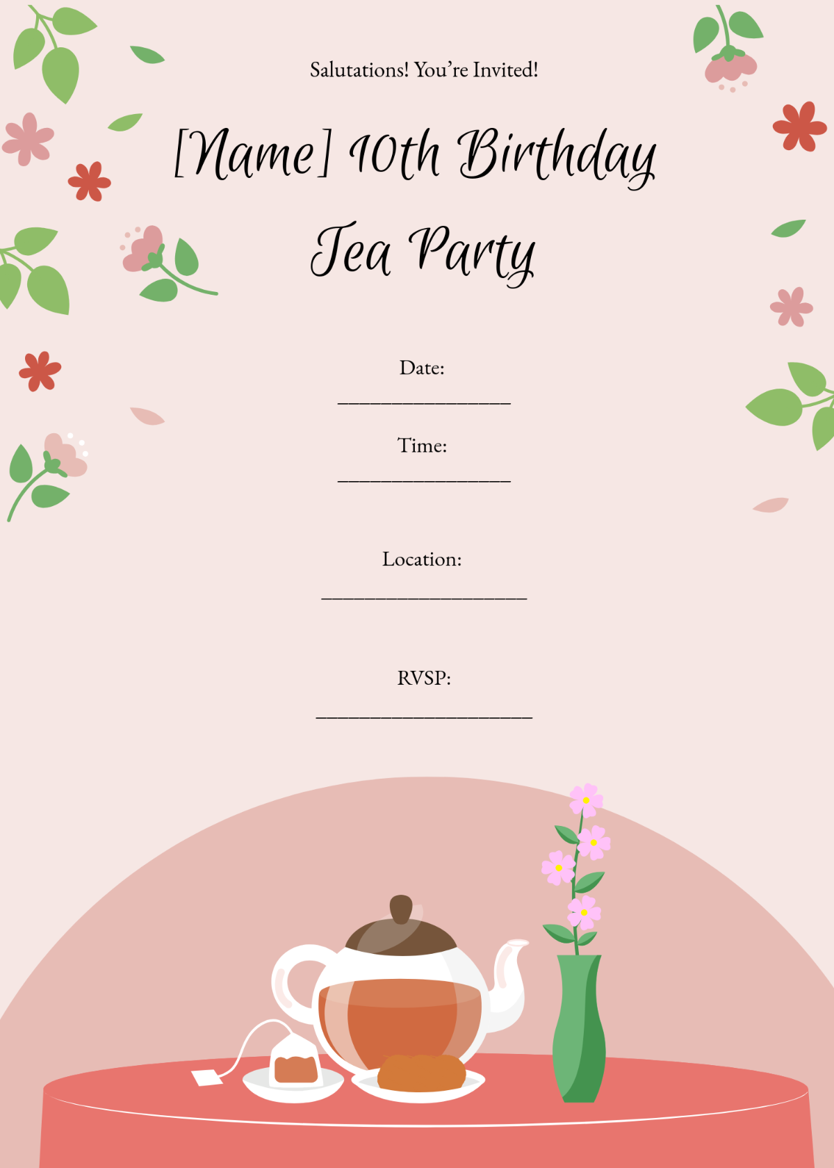 Free Blank Girls Tea Party Birthday Invitation Template To Edit Online