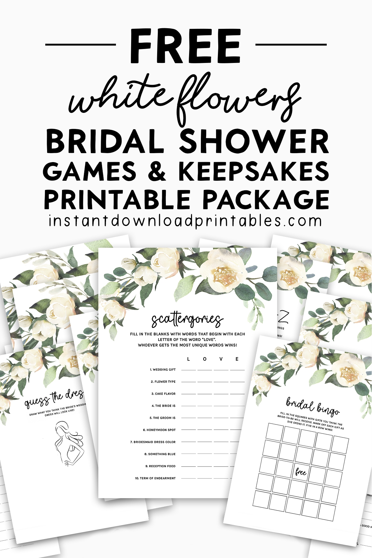 Free Bridal Shower Games And Keepsakes Printable Package White Flowers Instant Download Instant Download Printables