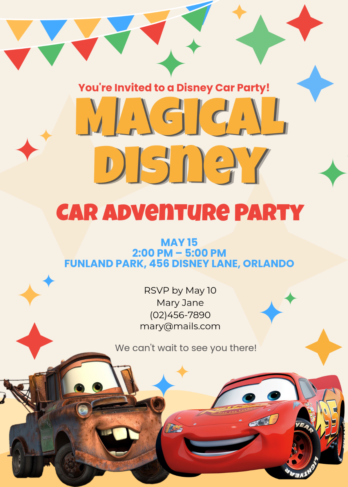 Free Colorful Disney Car Invitation Template To Edit Online