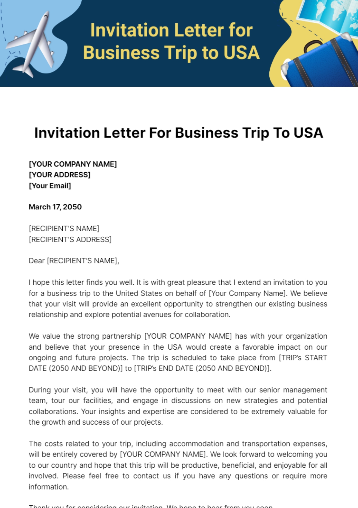Free Invitation Letter For Business Trip To USA Template To Edit Online
