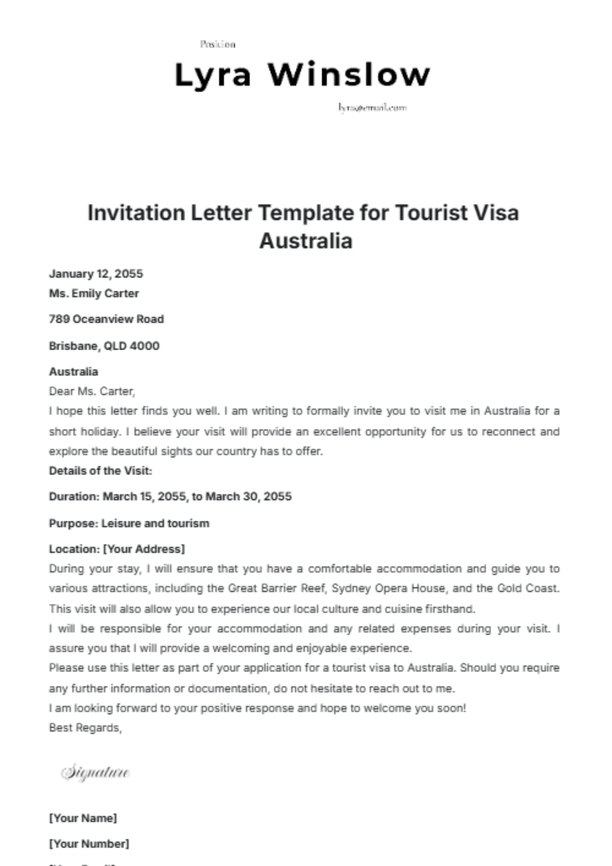 Free Invitation Letter For Tourist Visa Australia Template To Edit Online