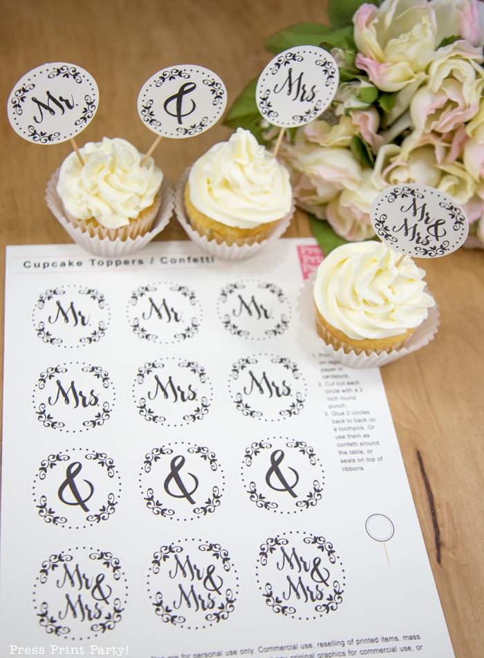 FREE Mr Mrs Wedding Cupcake Toppers Press Print Party 