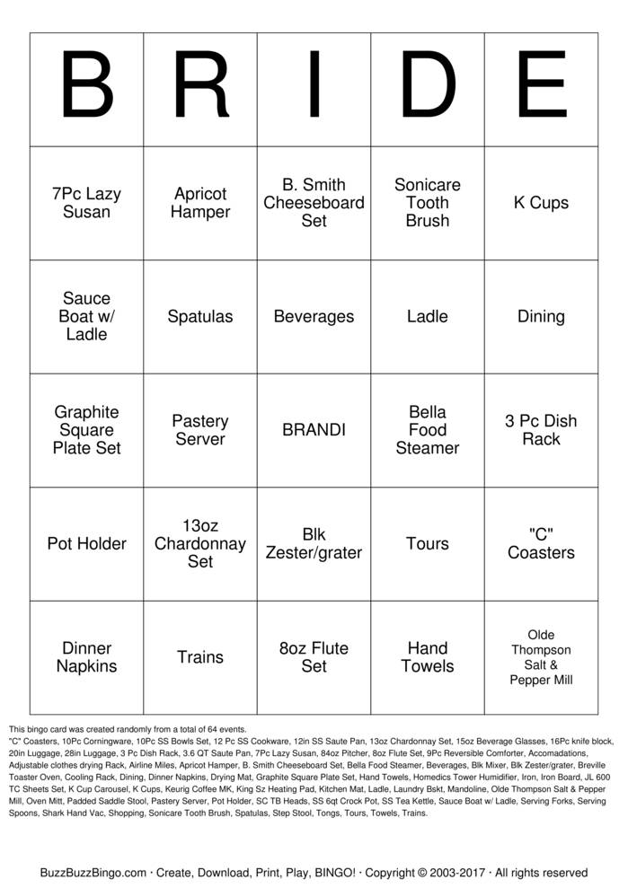 Free Printable Bridal Bingo Template