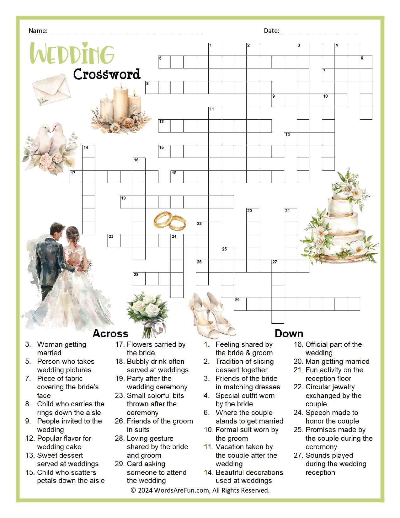 Free Printable Bridal Shower Crossword Puzzle FREE Printables