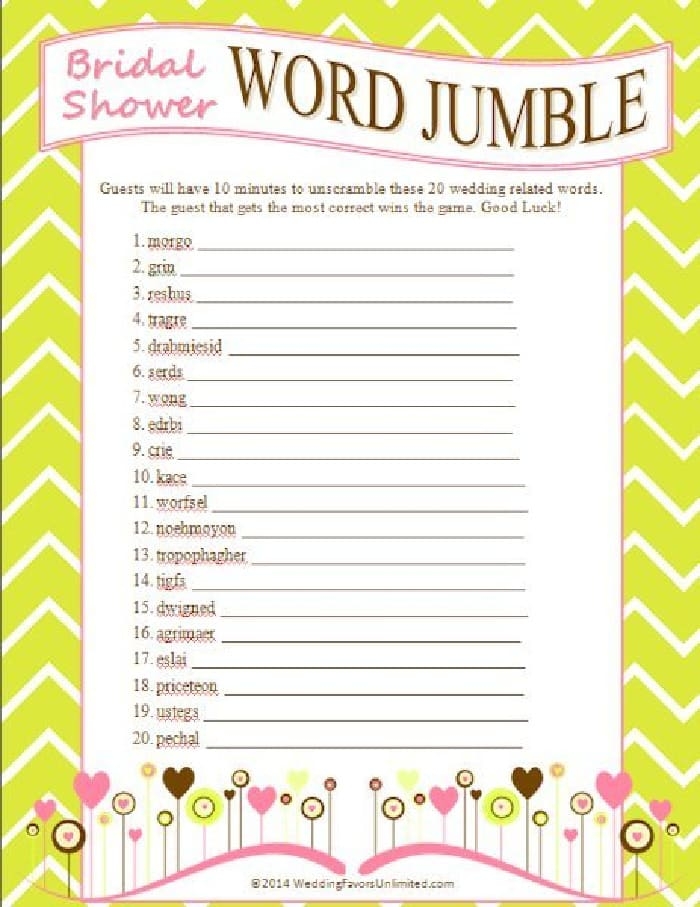 Free Printable Bridal Shower Games Word Scramble