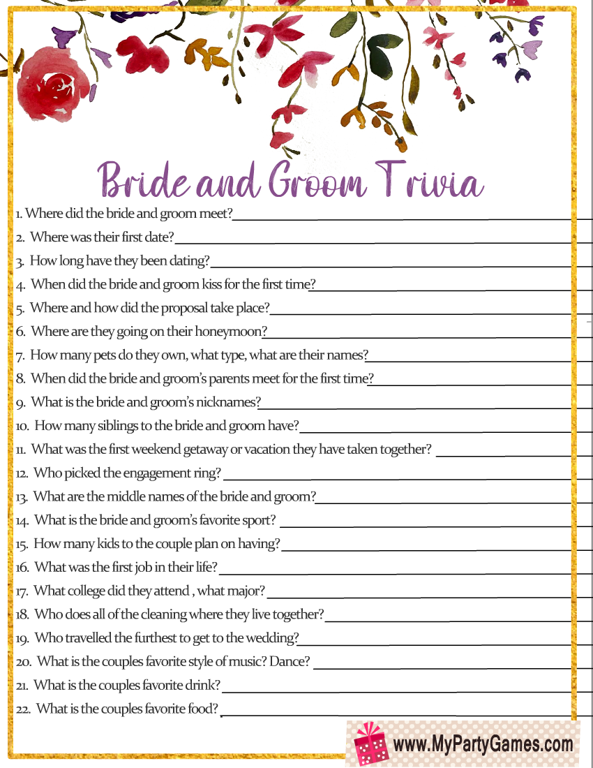 Free Printable Bride And Groom Trivia Quiz For Bridal Shower