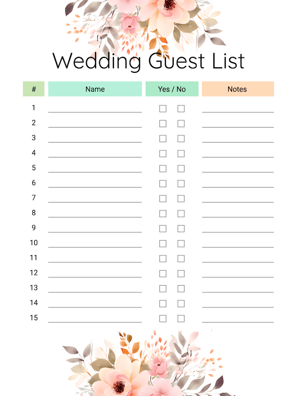 Free Printable Floral Wedding Guest List Template InkPx