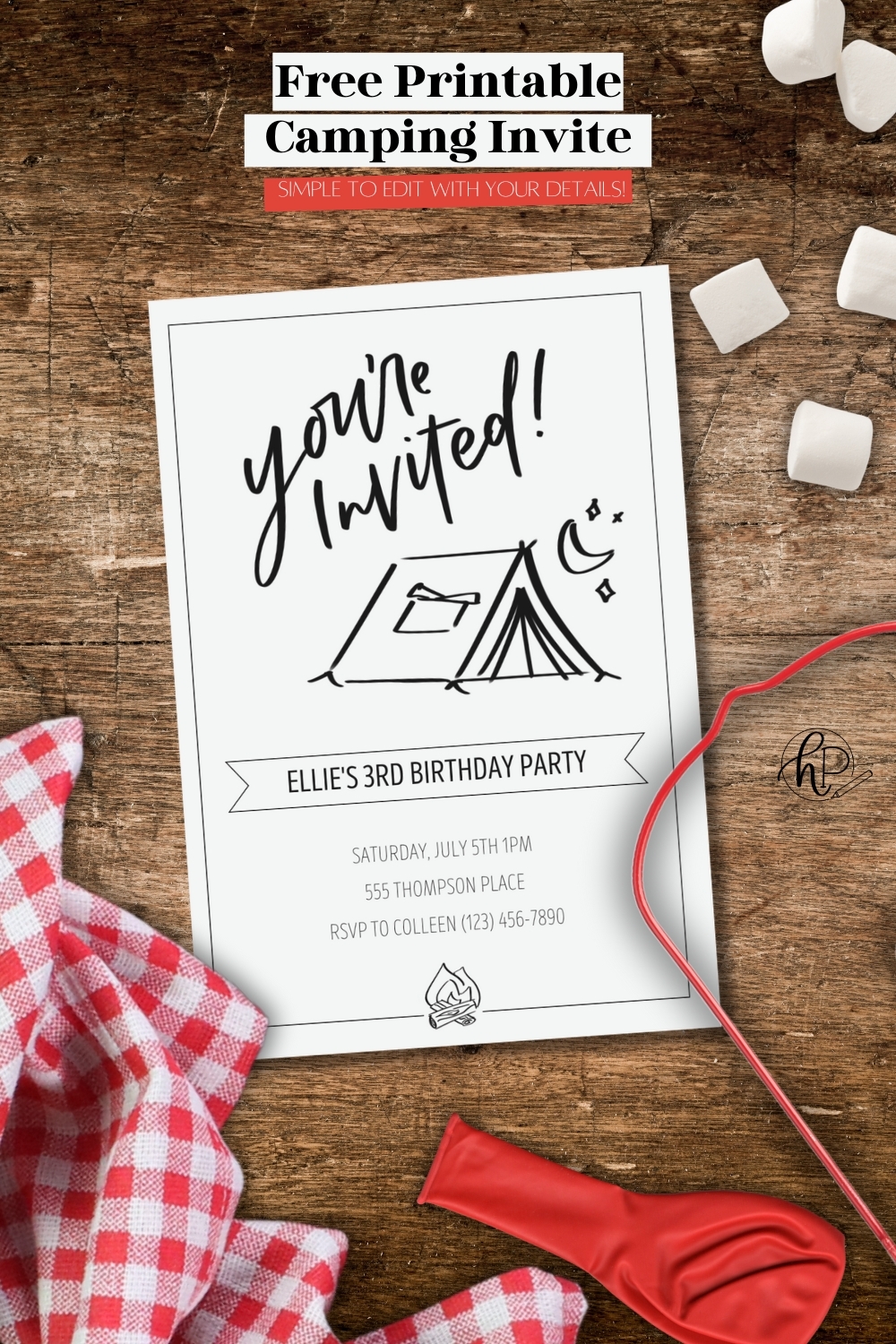 Free Printable Hand Lettered Invitation For A Camping Party 
