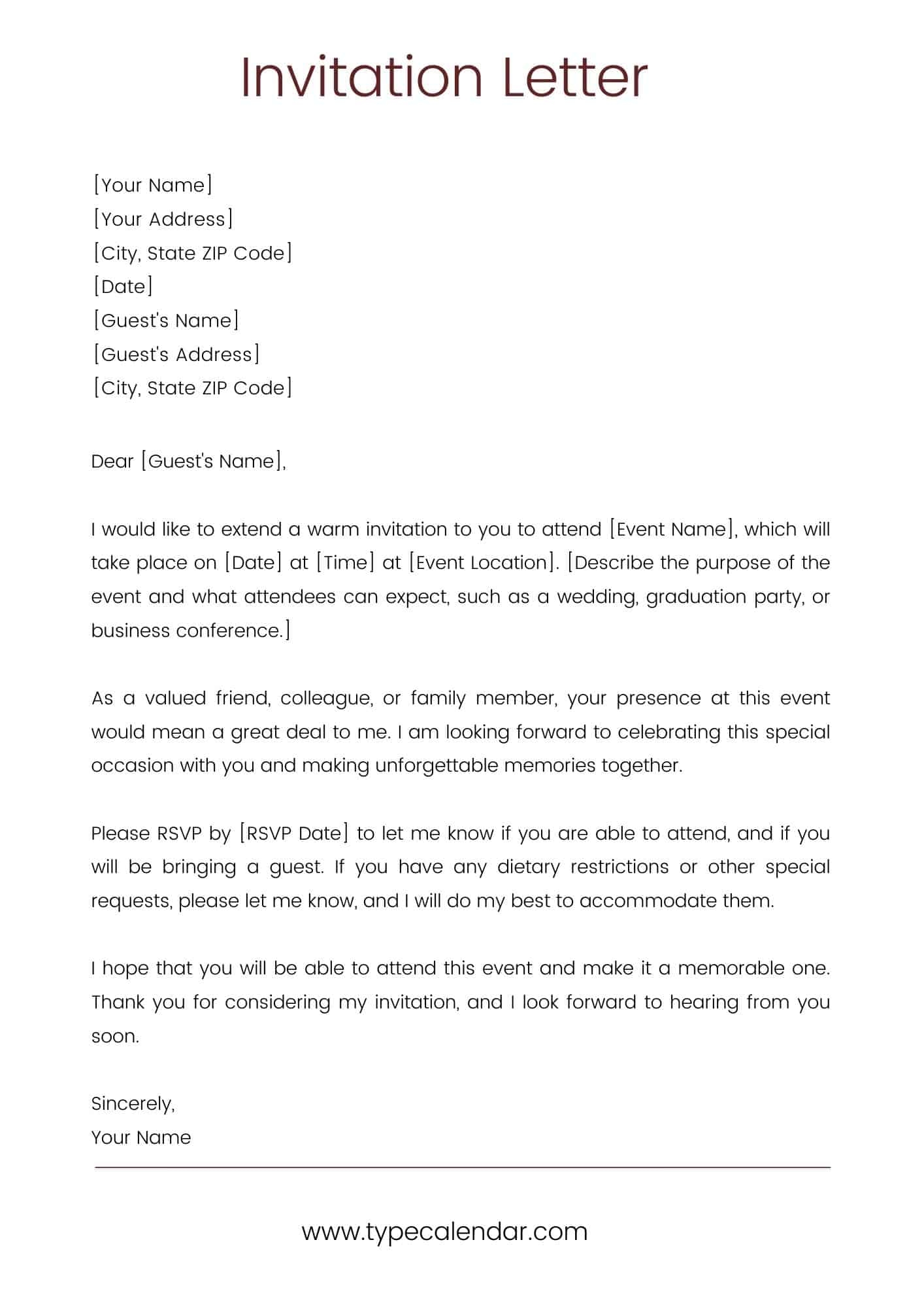 Free Printable Invitation Letter Templates PDF Word 