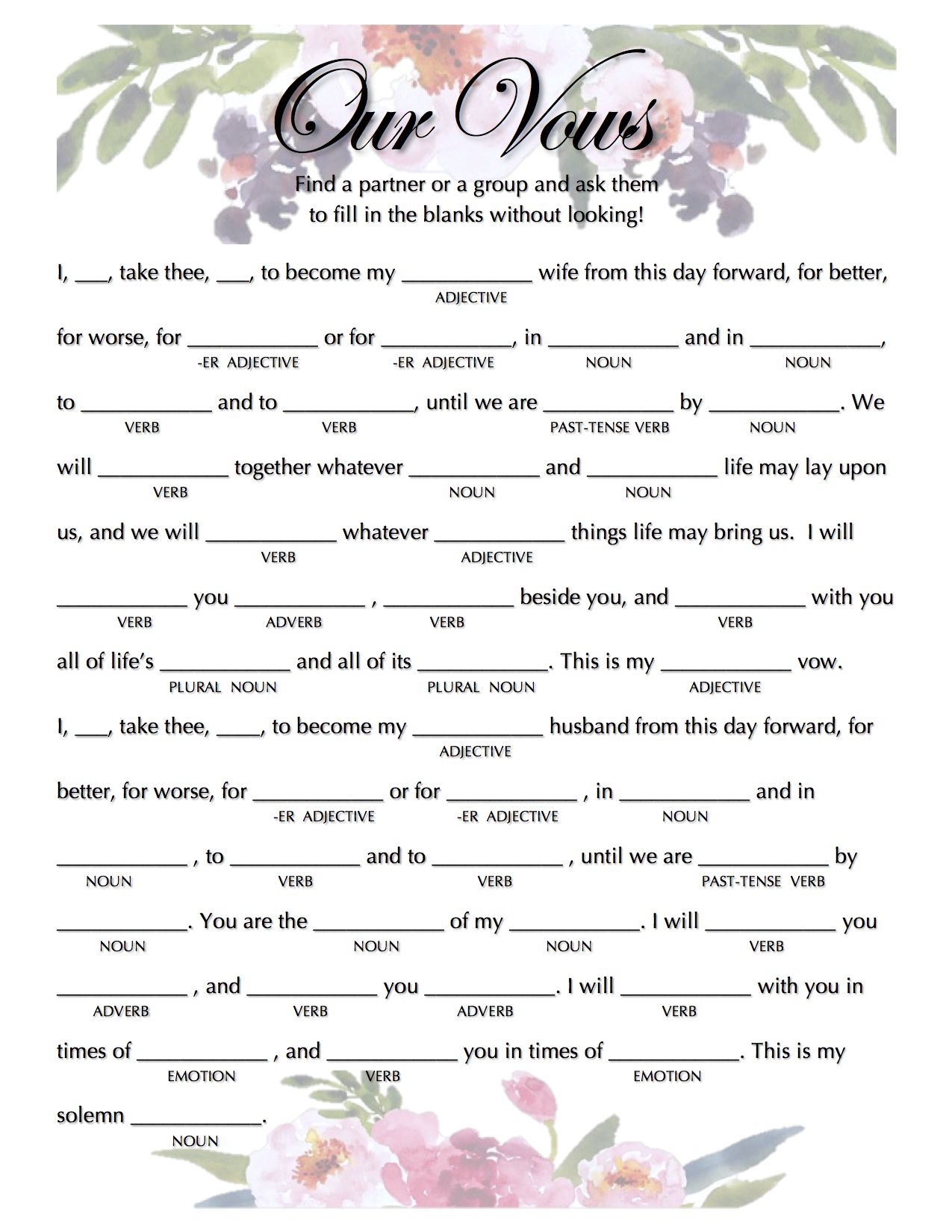 Free Printable Mad Lib Wedding Vows Printable Mad Libs