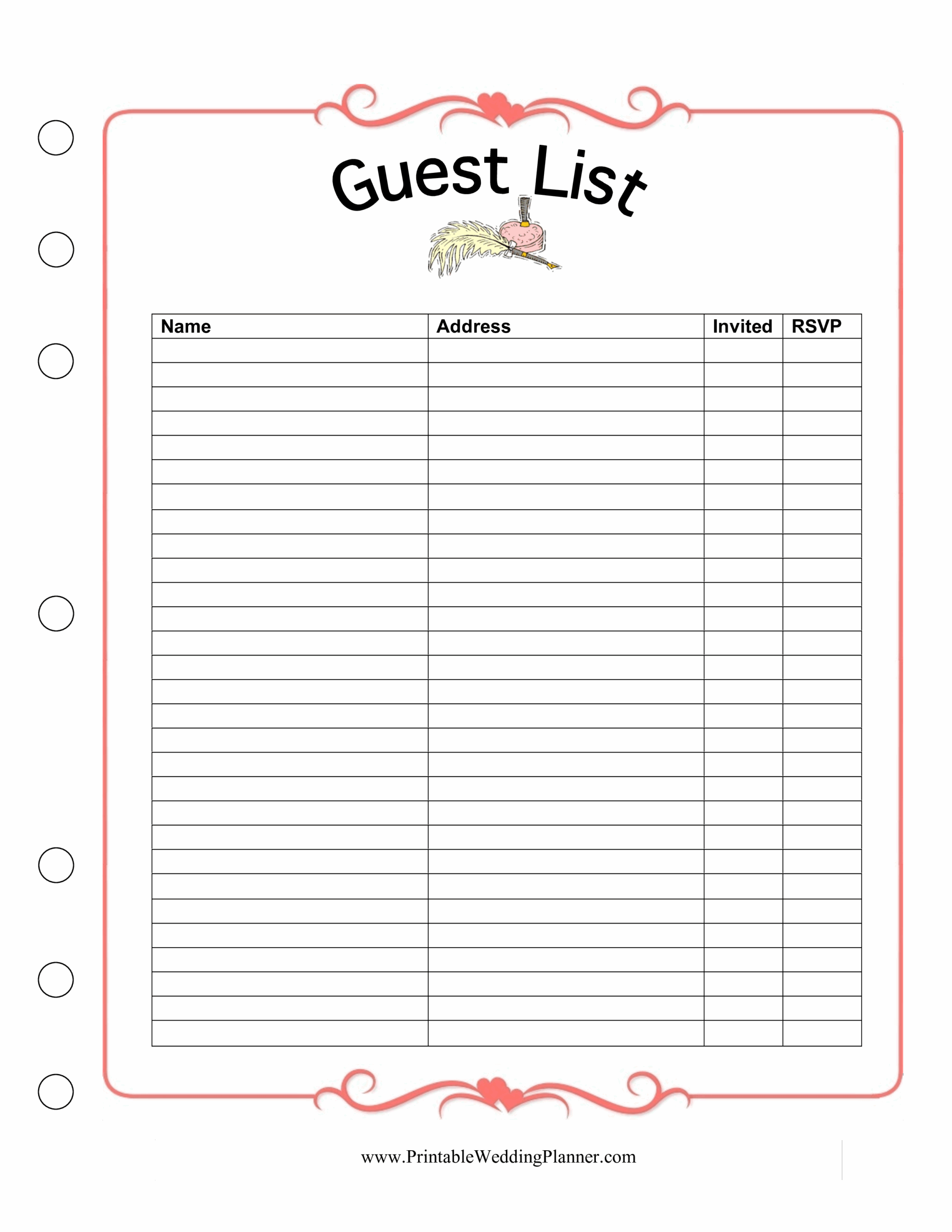 Free Printable Printable Wedding Guest List Template