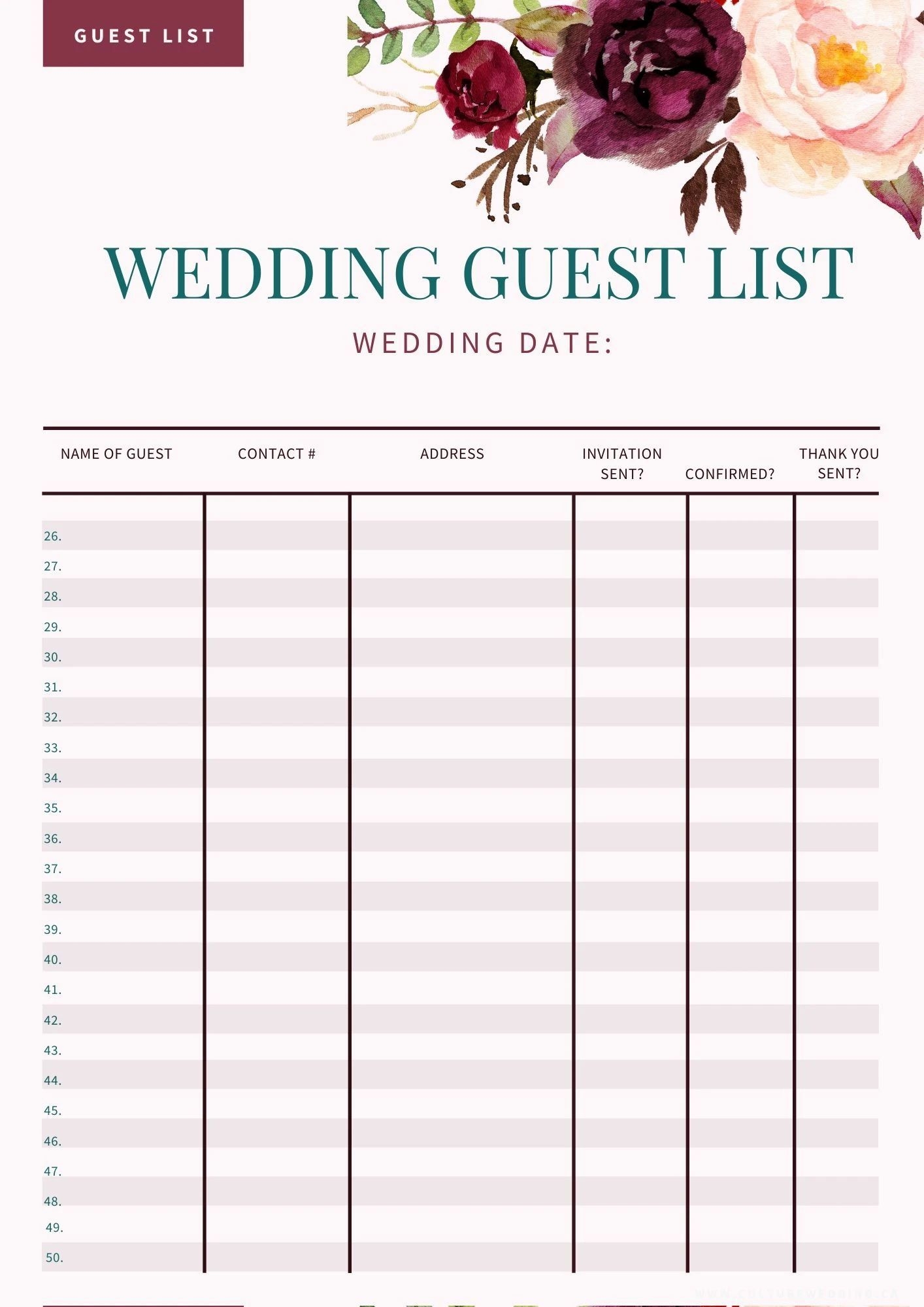 Free Printable Printable Wedding Guest List Template