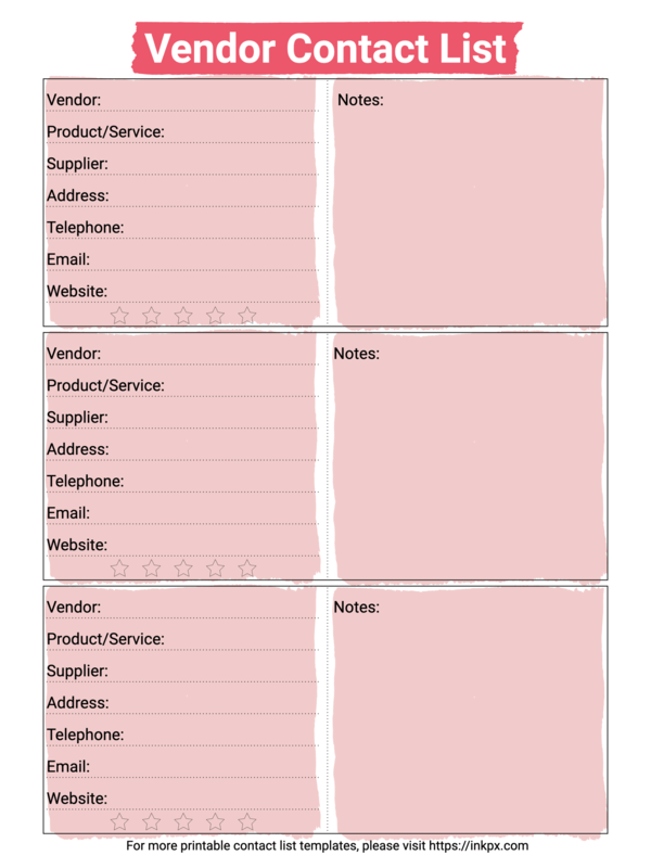 Free Printable Red Tile Vendor Contact List Template InkPx
