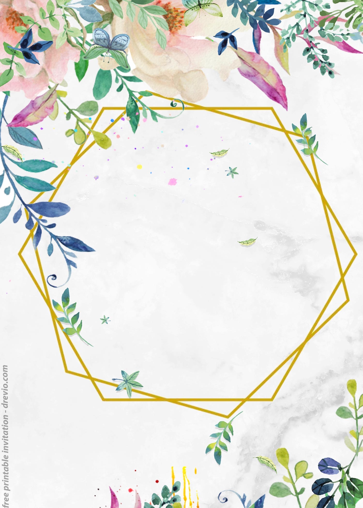 FREE Printable Vintage Flower Framed Watercolor Invitations 