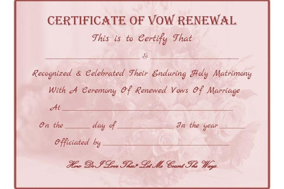 Free Printable Vow Renewal Certificate Bouquet Red Tint Renewal Of