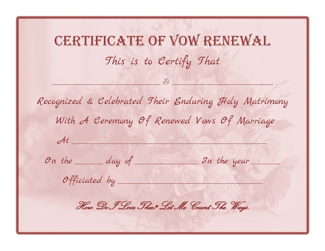 Free Printable Vow Renewal Certificate Bouquet Red Tint Renewal Of 