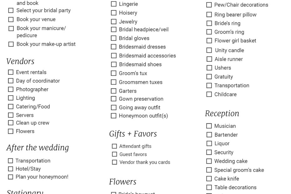 Free Printable Wedding Checklist