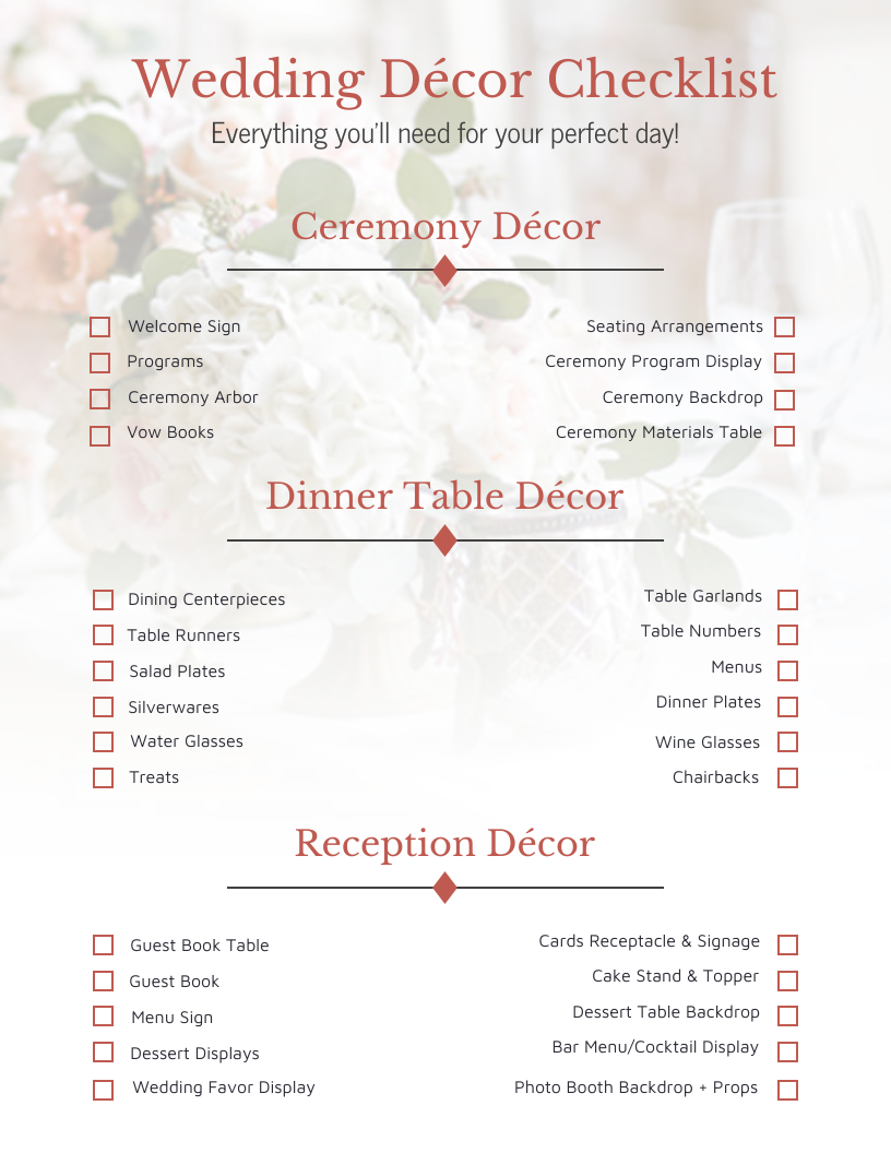 Free Printable Wedding Decor Checklist