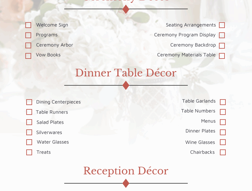Free Printable Wedding Decor Checklist