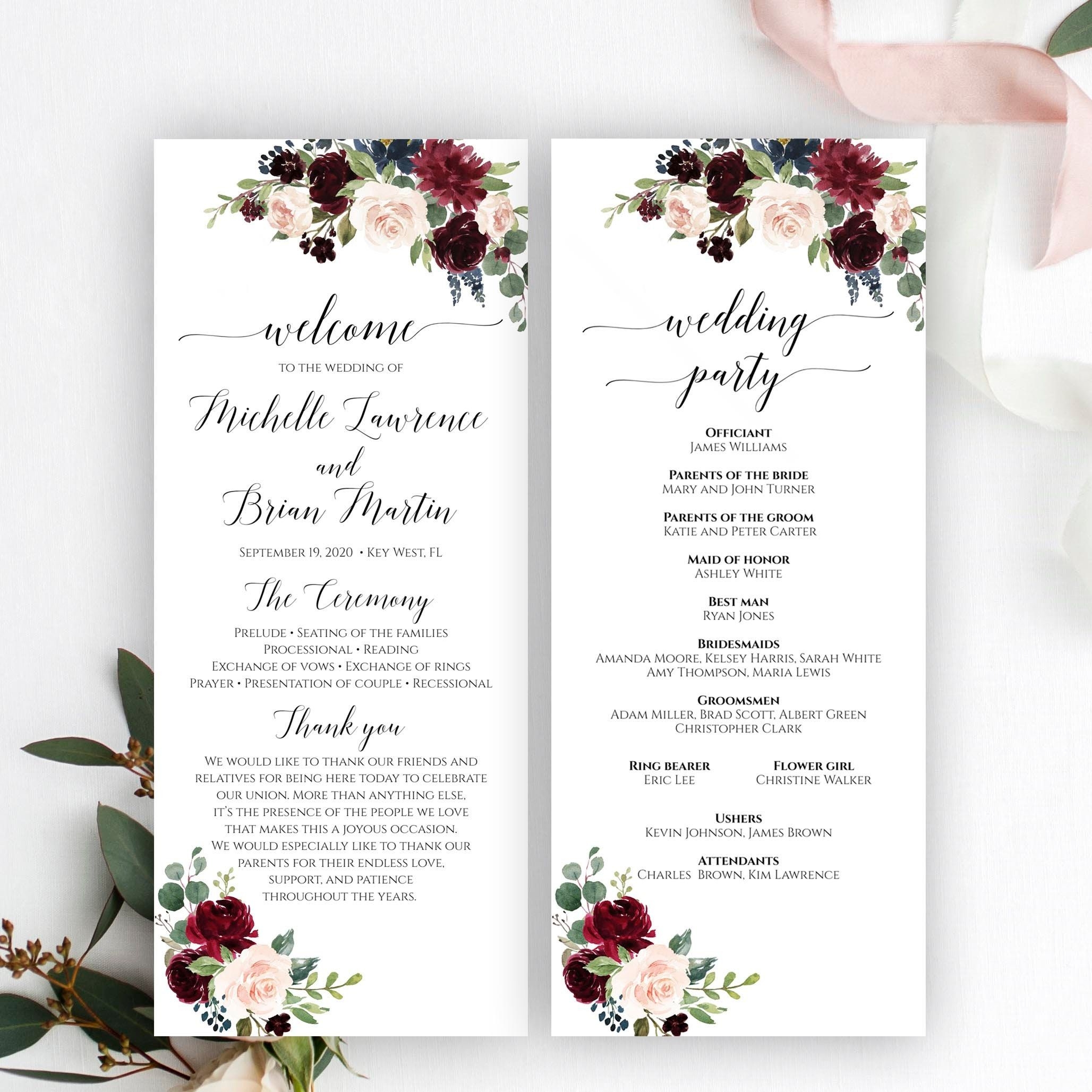 Free Printable Wedding Program Templates Content Calendar Template