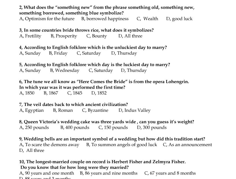 Free Printable Wedding Trivia Quiz