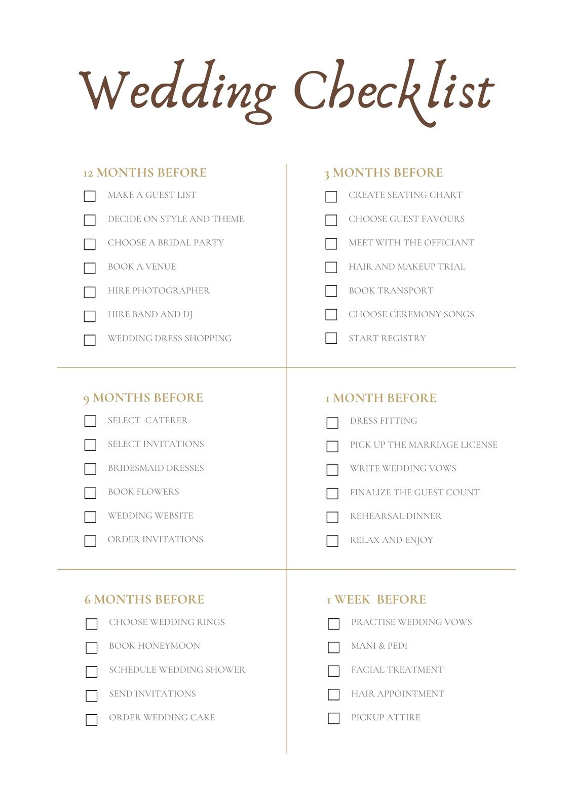 Free Wedding Checklist Templates To Edit And Print Canva Worksheets 