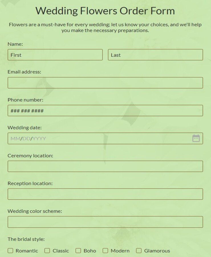 Free Wedding Flowers Order Form Template 123FormBuilder