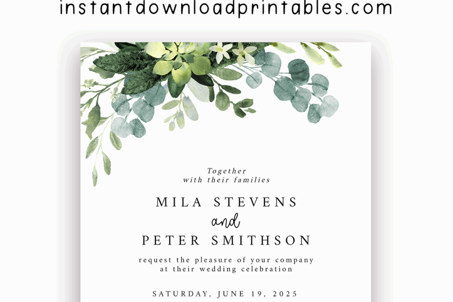 Free Wedding Invitation Template Eucalyptus Green Leaves