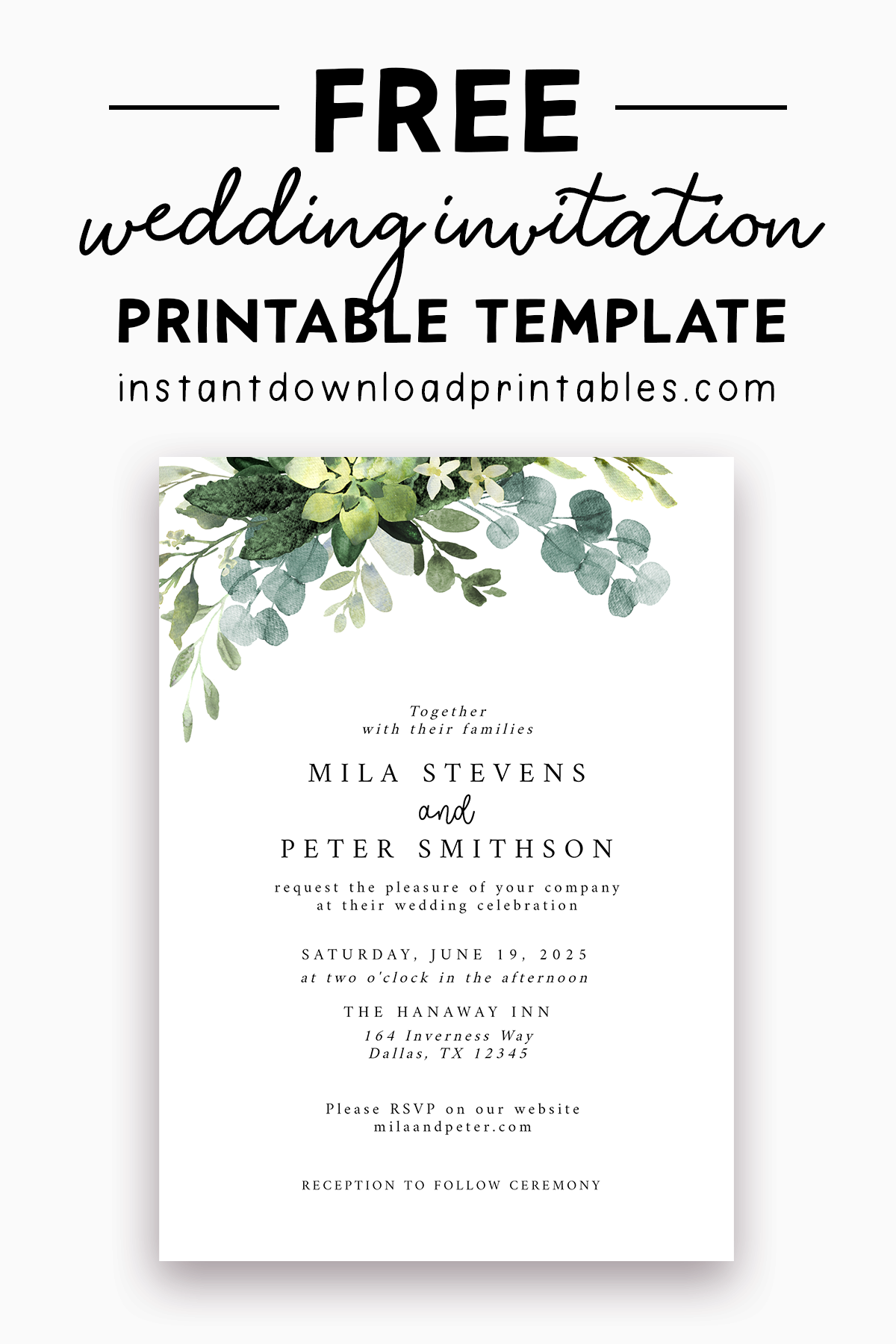 Free Wedding Invitation Template White Watercolor Flowers Instant Download Printables Instant Download Printables