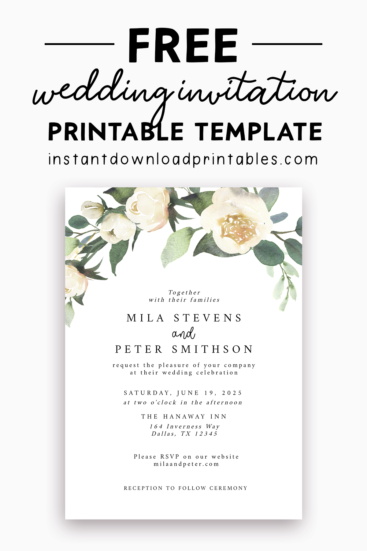 Free Wedding Invitation Template White Watercolor Flowers 