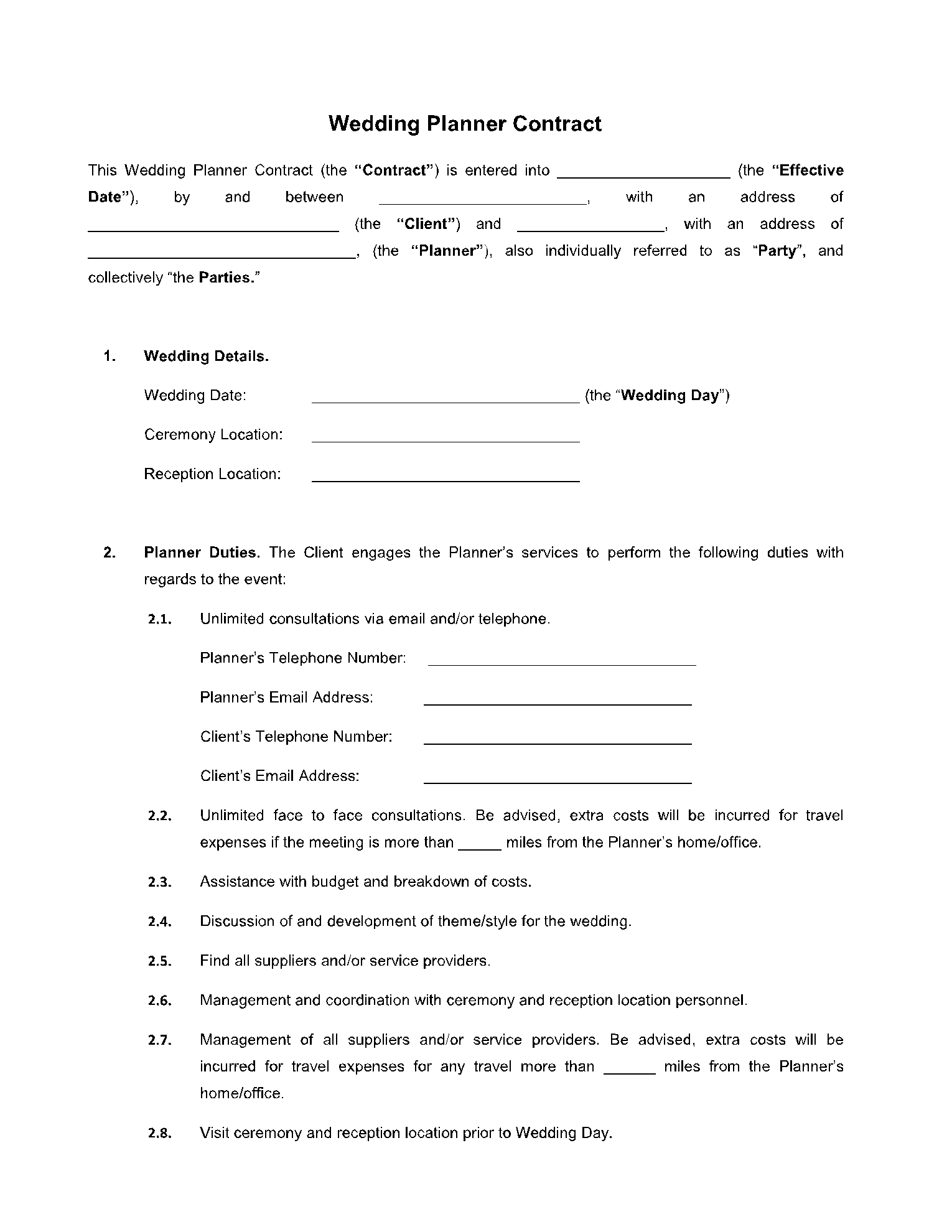 Free Wedding Planner Contract Template Printable Templates Your Go 