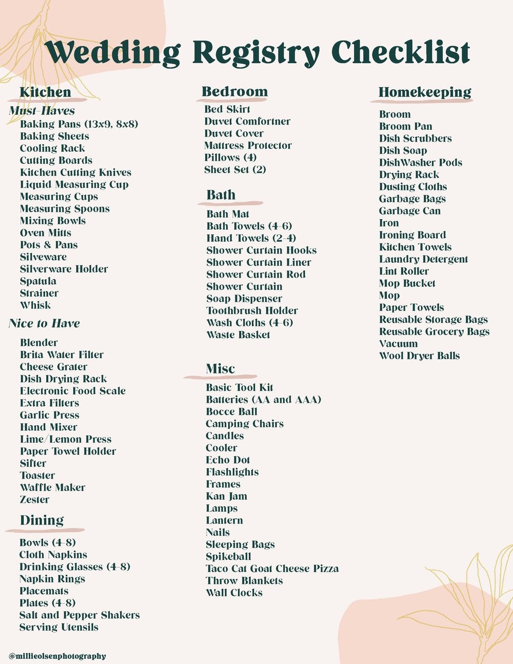 Free Wedding Registry Checklist Printable Wedding Registry Checklist 